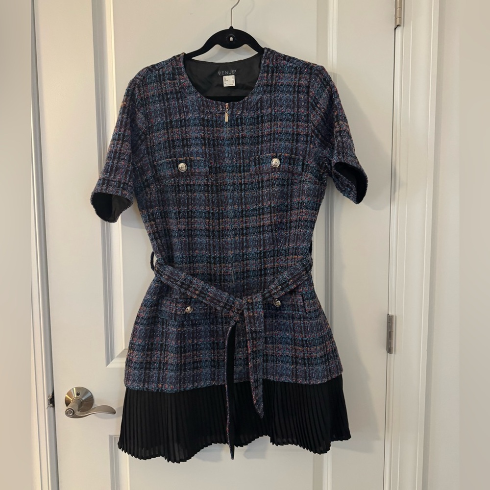 VENUS Navy and Pink Tweed Zip-Front Dress